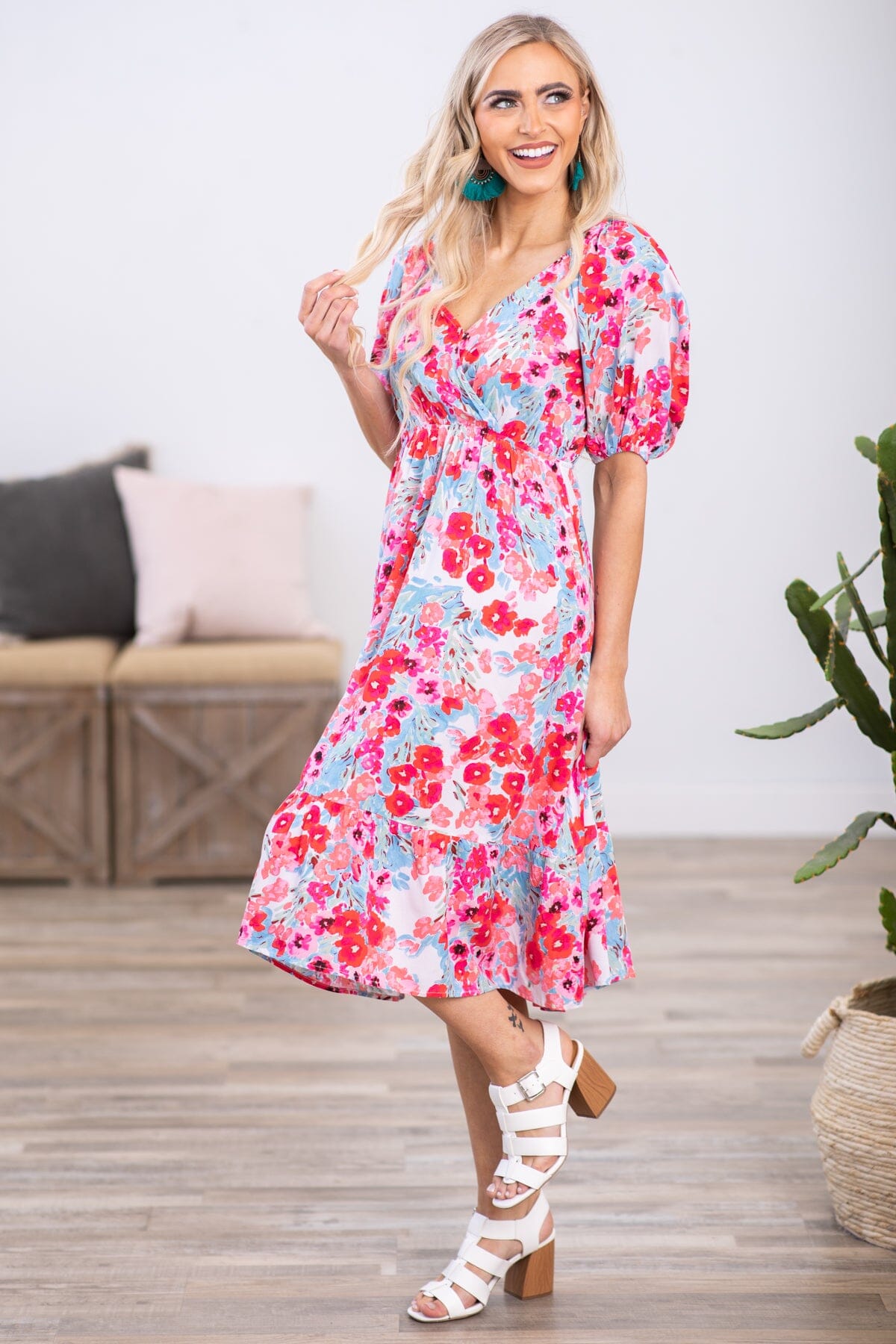 blue and pink floral dress